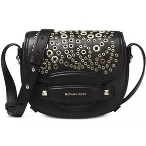 Michael Kors Embellished Leather Saddle Crossbody black Gold stud flap